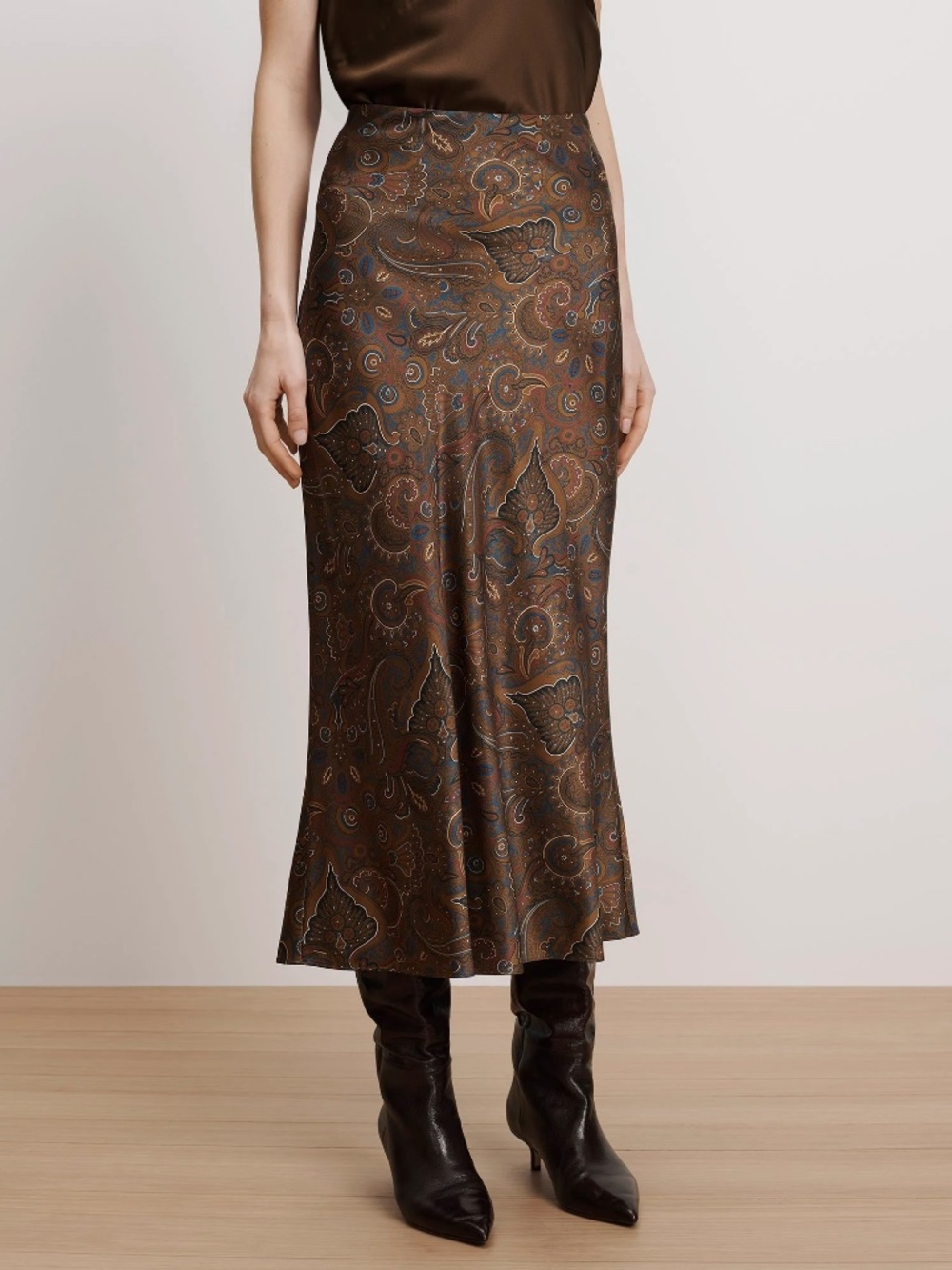 Veronica Beard Clover Paisley Midi Skirt Brown Stretch-Silk Skirt US8